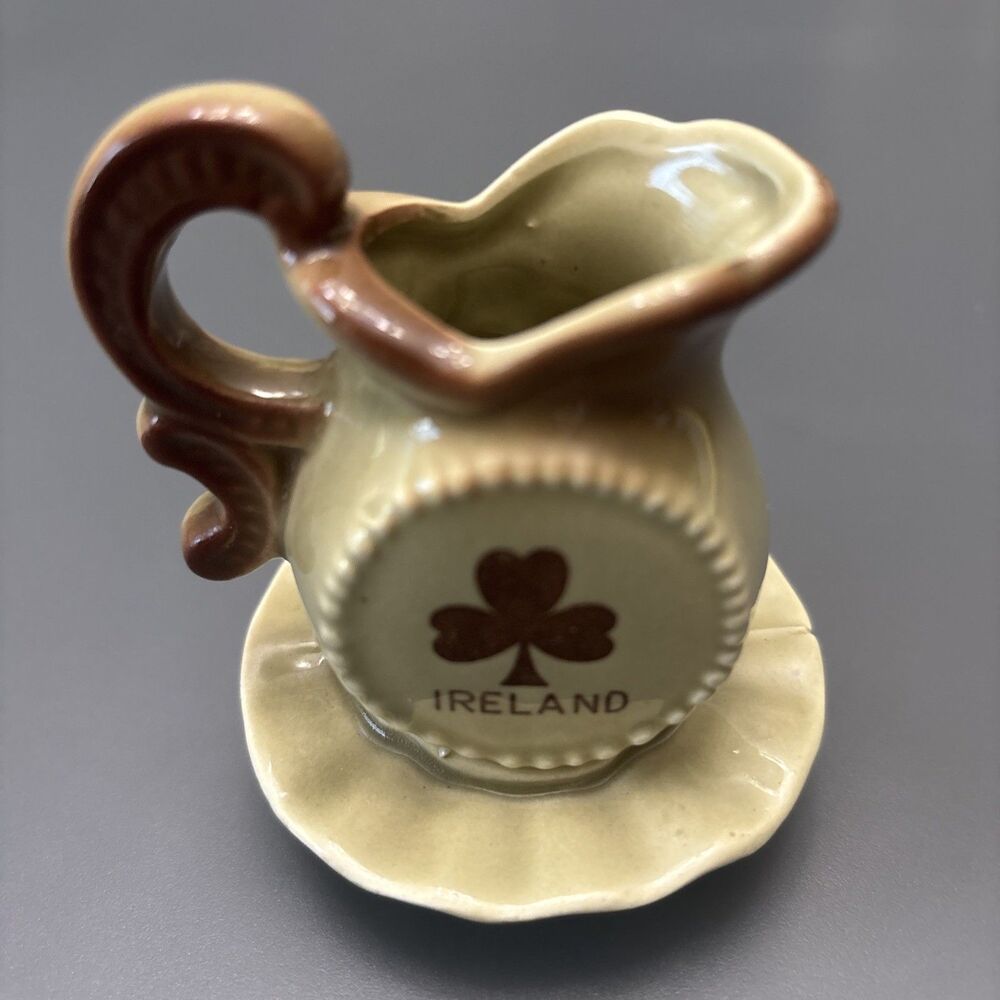 Vintage Miniature Pitcher Pottery Ireland Shamrock 1960s Collectible Green Brown